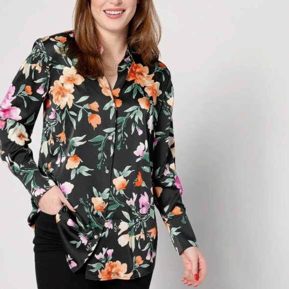 Susan Graver Satin Floral Blouse Size XL Black Long Sleeve Button up Top NWOT - Picture 1 of 12